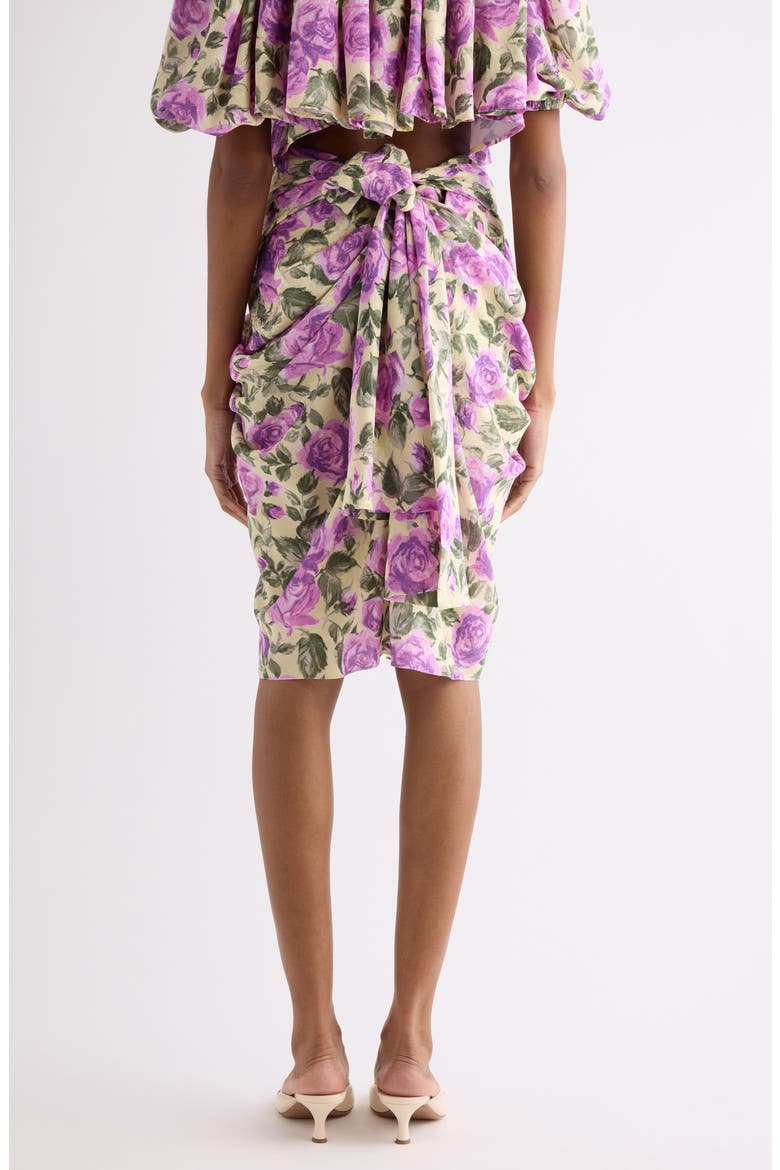 Rose Print Gathered Silk Satin Skirt, Alternate, color, YELLOW - PURPLE