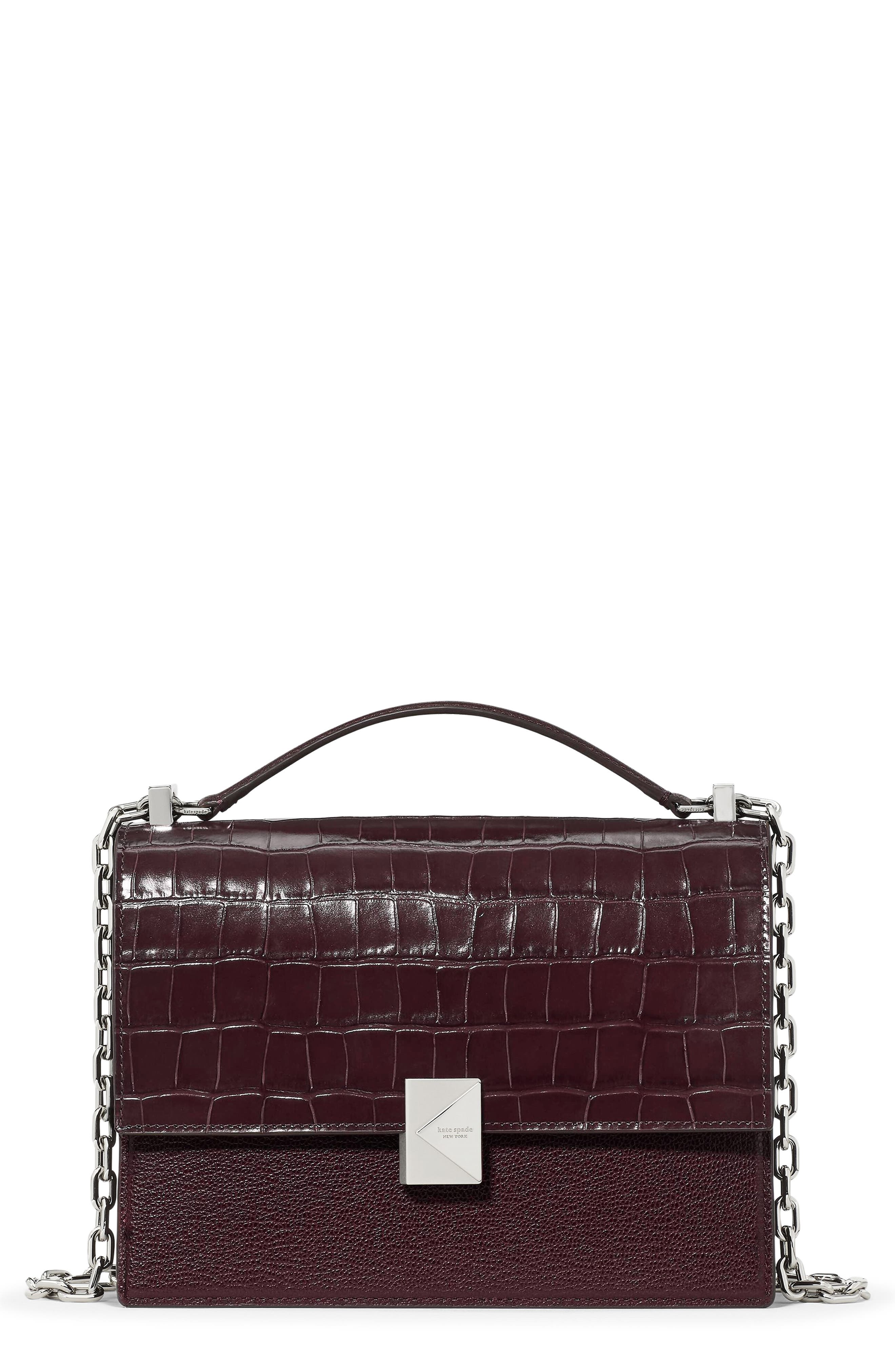 Deco Croc Embossed Leather Shoulder Bag, Main, color, BLACKBERRY JAM