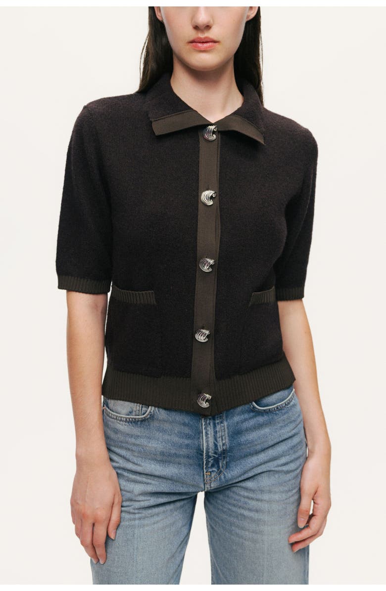 Nocturne Contrast-Trim Short-Sleeve Cardigan, Alternate, color, Brown