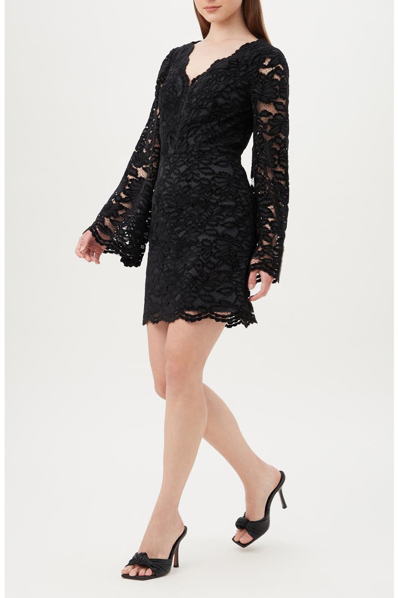 Jinnie Long Bell Sleeve Lace Sheath Dress, Alternate, color, BLACK
