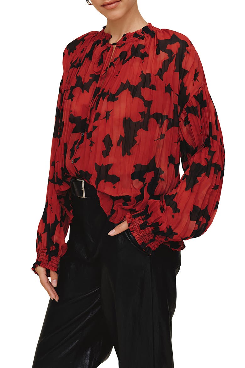 Pleated Smocked Top, Alternate, color, RED CAMELLIA