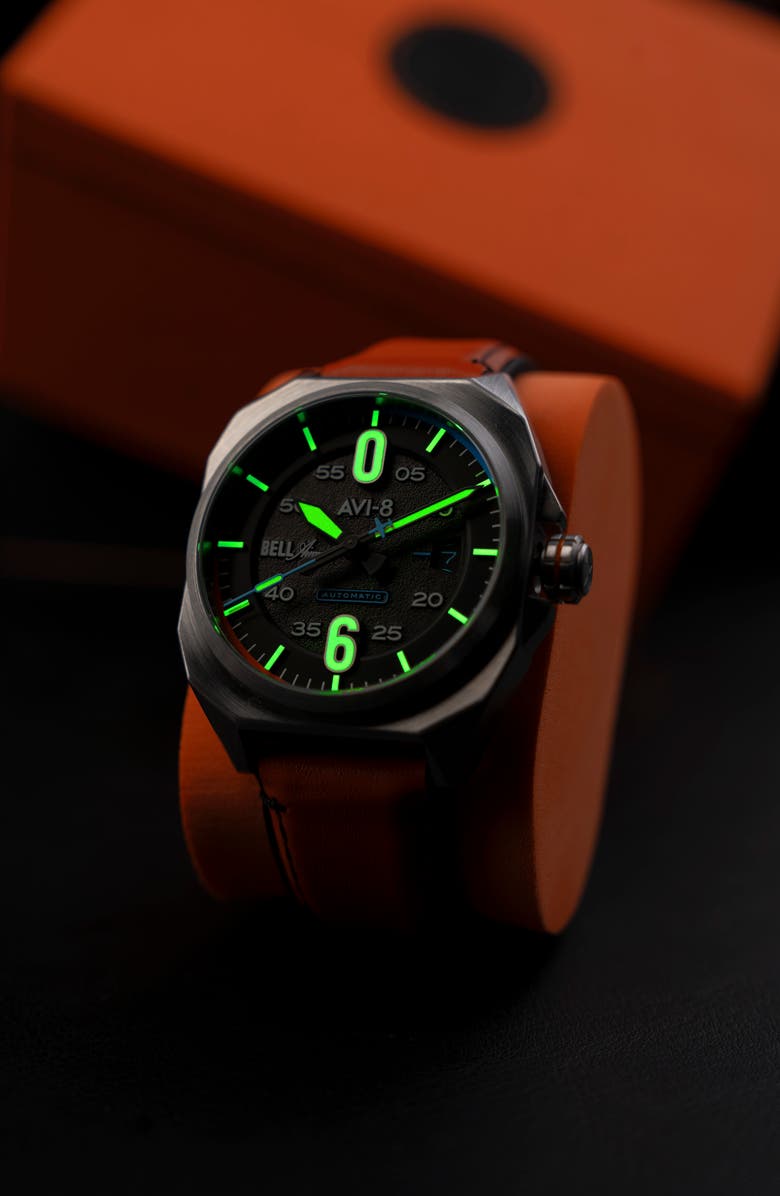 AVI-8 Bell X-1 Machbuster Automatic Leather/Rubber Strap Watch, 41mm, Alternate, color, Black/ Orange