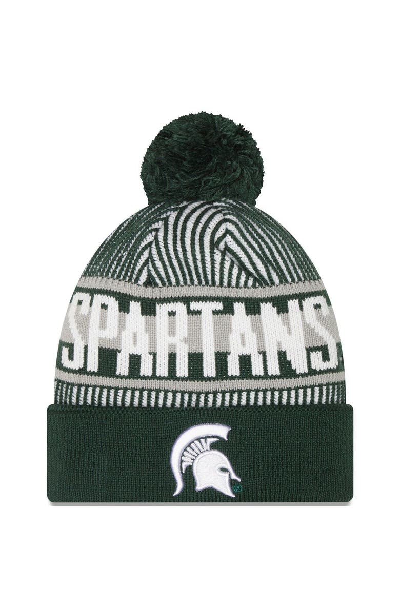 New Era Men's New Era  Green Michigan State Spartans Logo Striped Cuff Knit Hat with Pom, Main, color, 