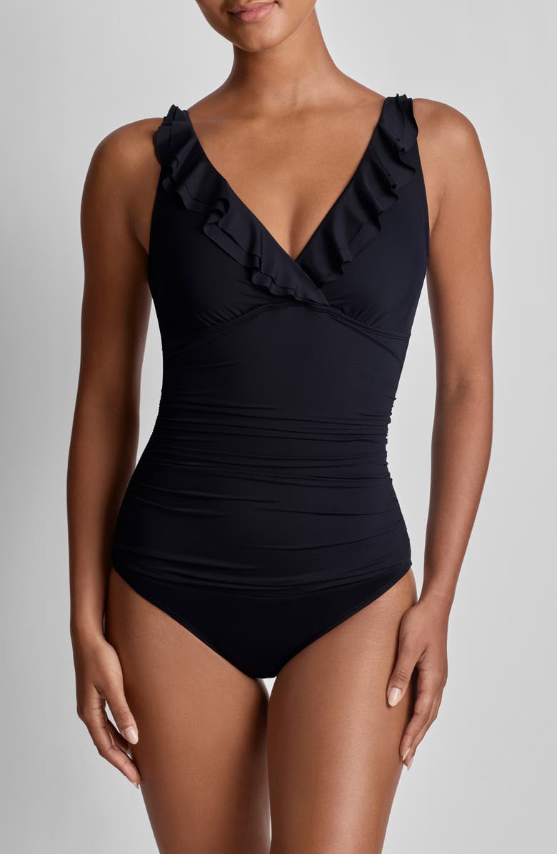 Lauren Ralph Lauren Ruffle Surplice One-Piece Swimsuit, Main, color, Black