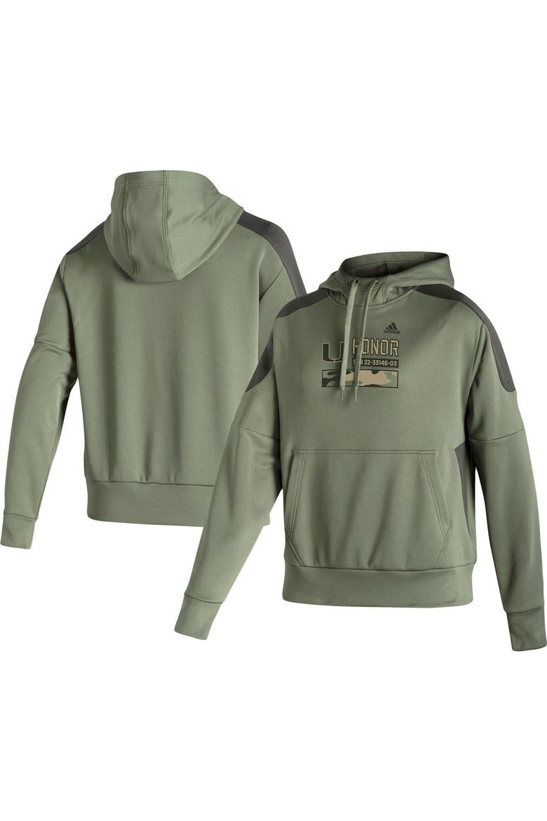 Women's adidas Olive Miami Hurricanes Salute to Service Military Appreciation Pullover Hoodie, Main, color, Olive