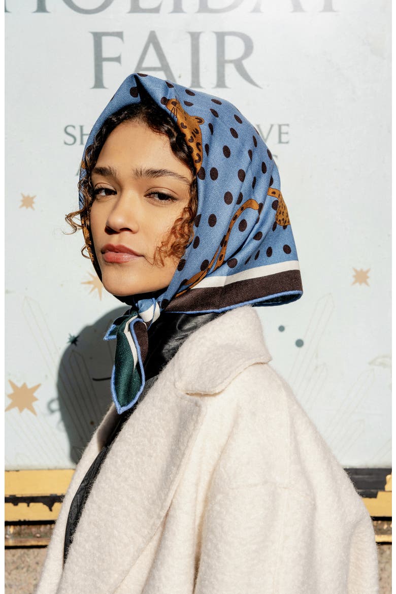 Double Sided Wool Silk Scarf Of Blue Leopards Garden, Alternate, color, Blue
