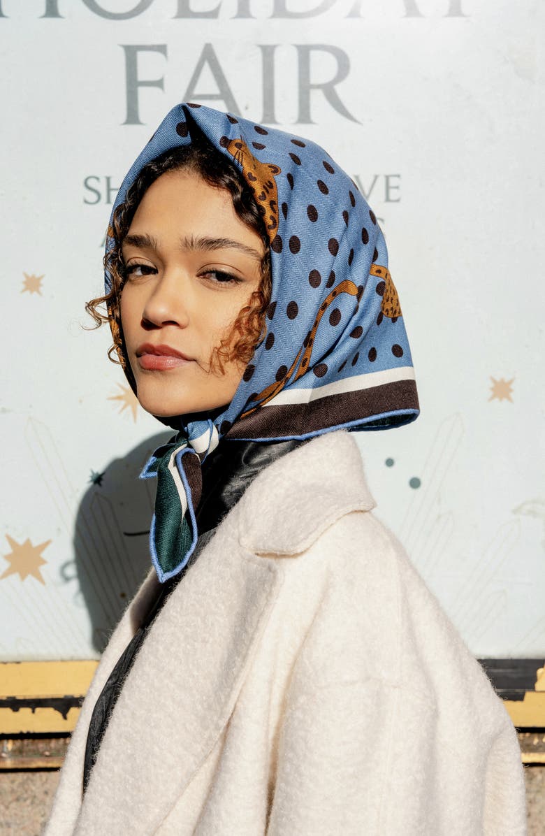 Jessie Zhao New York Double Sided Wool Silk Scarf Of Blue Leopards Garden, Alternate, color, Blue