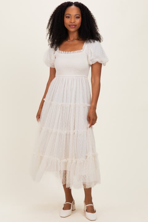 Pink Tulle Tulle Puff Sleeve Smocked Midi Dress