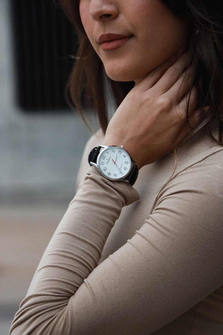 Easy Read Large Face Leather Watch- 40MM, Alternate, color, Black