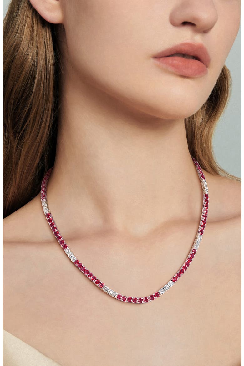Lab Created Ruby & Lab Created White Sapphire Tennis Bracelet & Necklace Set, Alternate, color, RED