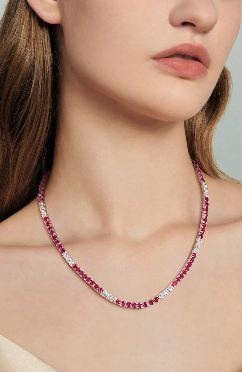 DELMAR Lab Created Ruby & Lab Created White Sapphire Tennis Bracelet & Necklace Set, Alternate, color, Red