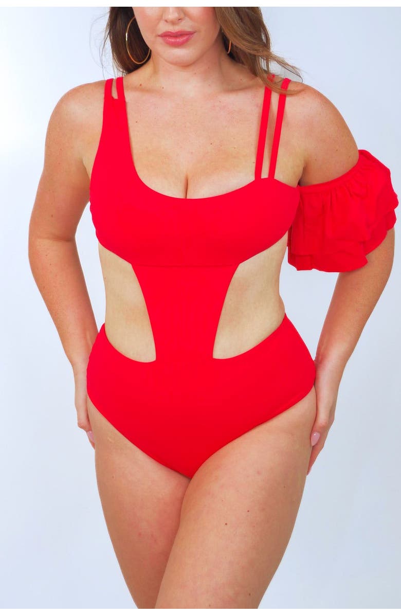 Mary Mercedes Rafa One Piece Swimsuit With Ruffle Sleeve, Alternate, color, Red