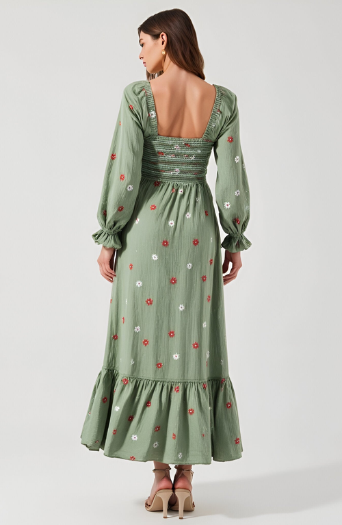 Modenaire Floral-embroidered Smocked Tiered Open-back Maxi Dress In Green