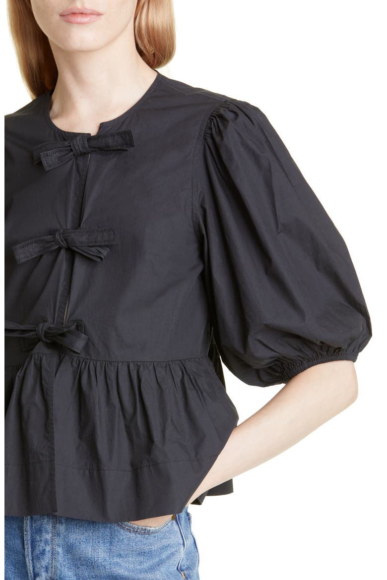 Puff Sleeve Organic Cotton Poplin Peplum Blouse, Alternate, color, BLACK