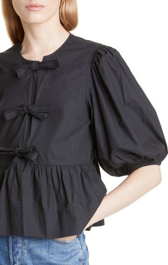Ganni Puff Sleeve Organic Cotton Poplin Peplum Blouse