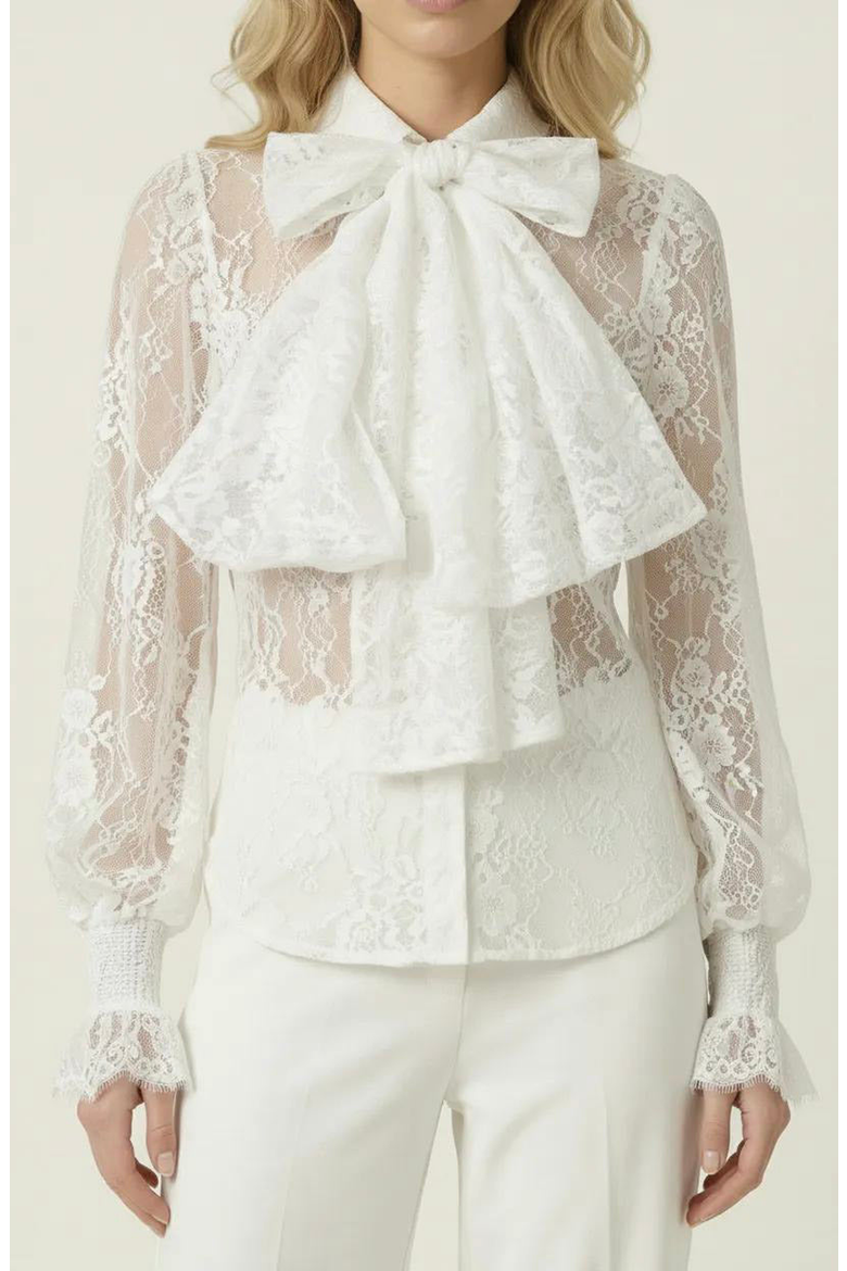 Oversized Bow Tie Neck Ruffle Sheer Lace Blouse, Main, color, White