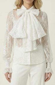 Modenaire Oversized Bow Tie Neck Ruffle Sheer Lace Blouse