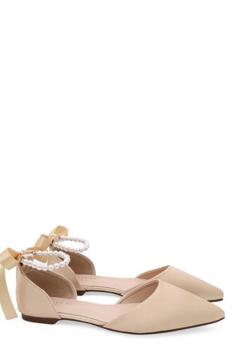 Bella Satin Pointy Toe Flats with All Pearls Ankle Strap