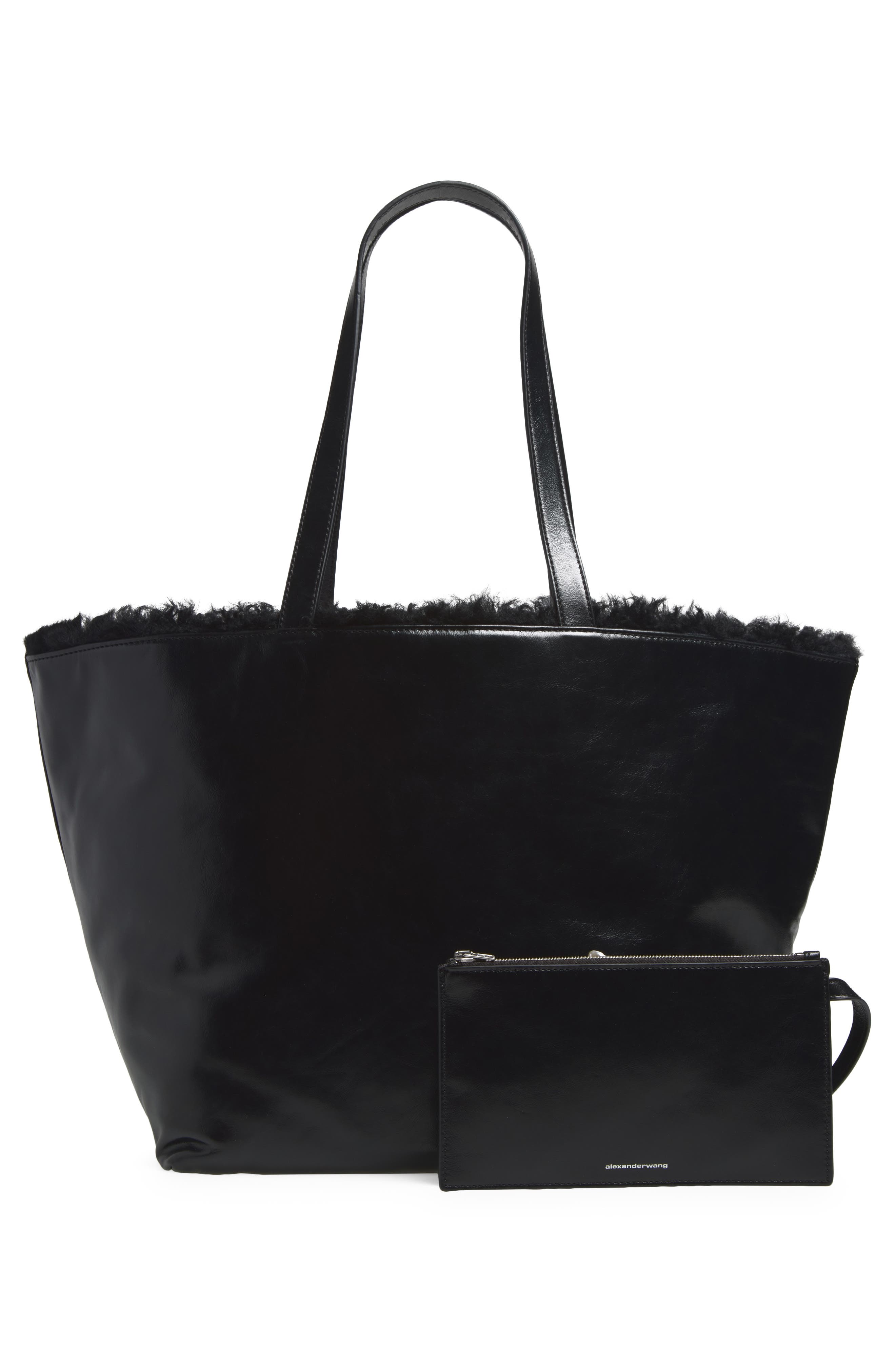 Punch Genuine Shearling Lined Leather Tote, Alternate, color, BLACK