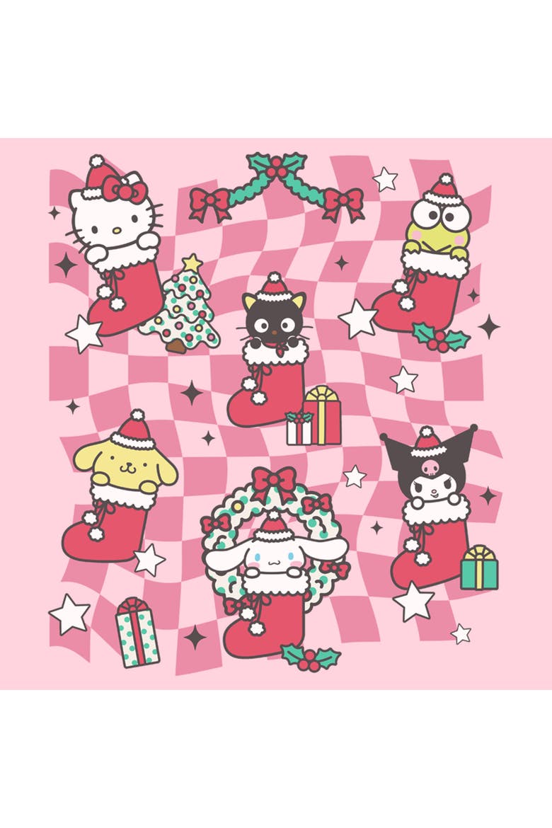 Junior's Hello Kitty Christmas Stockings and Friends  Graphic T-Shirt, Alternate, color, Light Pink