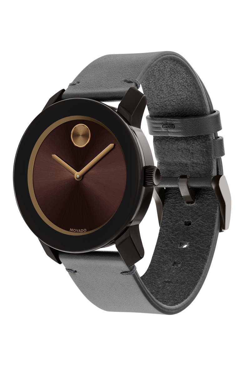 'Bold' Leather Strap Watch, 42mm, Alternate, color, GREY/ BLACK/ BRONZE