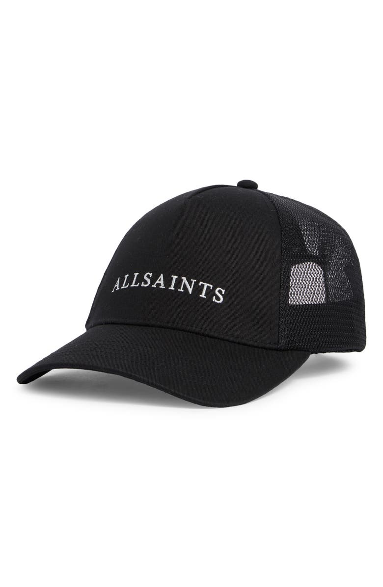 AllSaints Logo Trucker Hat, Main, color, Black