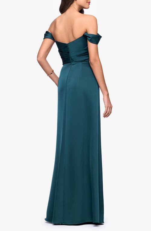 Betsy & Adam Heather Off The Shoulder Satin Gown In Green