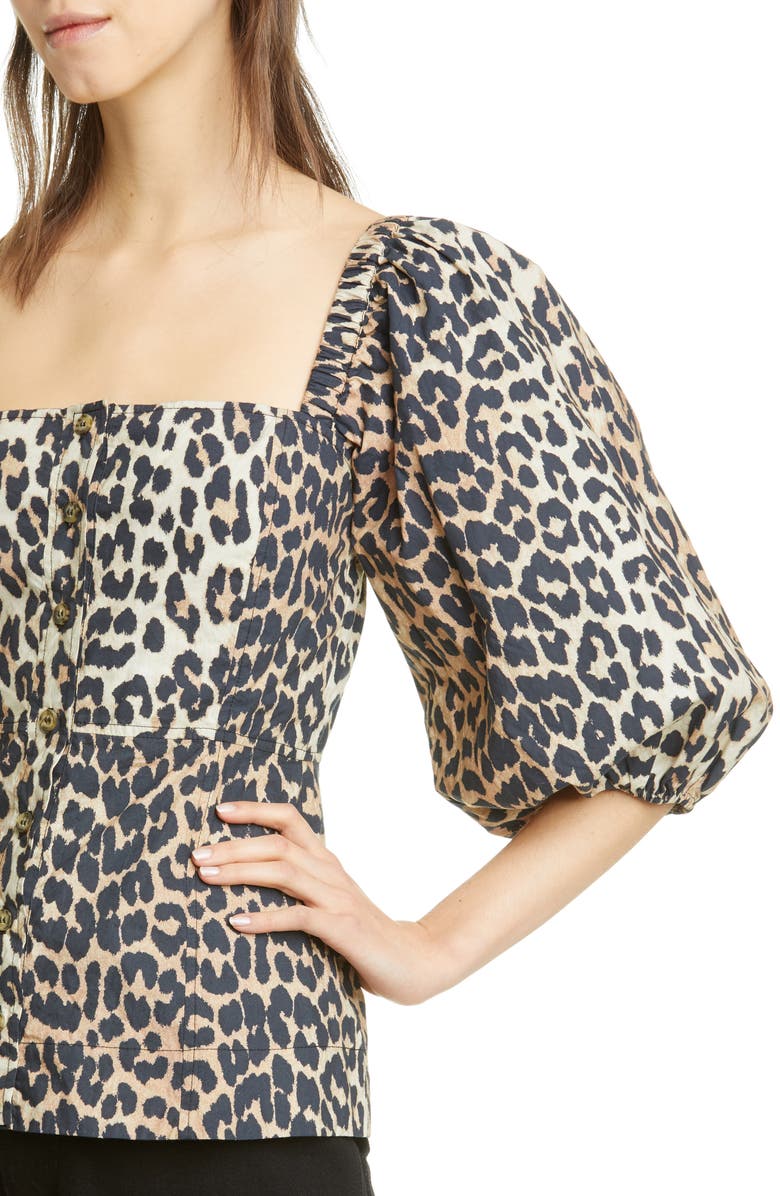 Ganni Leopard Print Puff Sleeve Blouse, Alternate, color, 