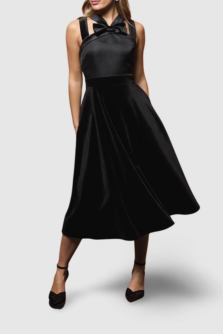 Cross Neck Bow Velvet Midi Dress, Alternate, color, Black