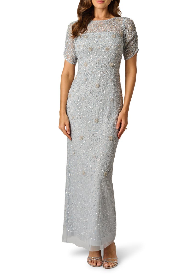 Ruched Sleeve Beaded Gown, Main, color, GLACIER