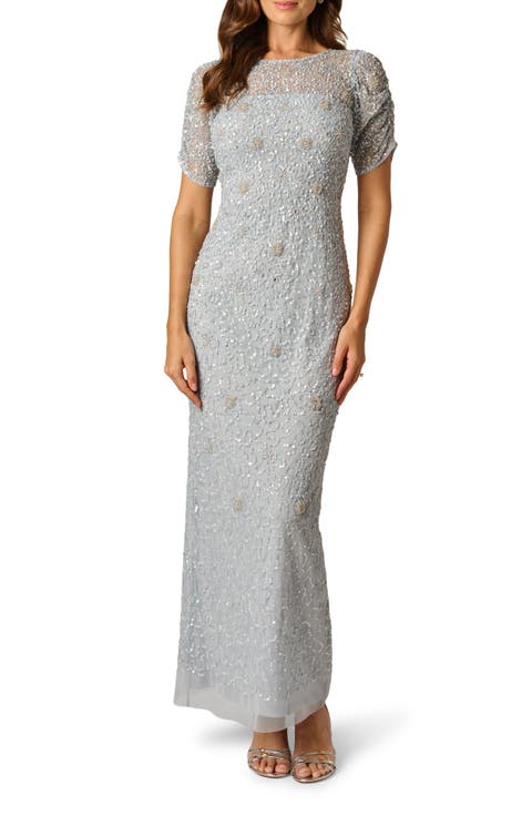 Ruched Sleeve Beaded Gown