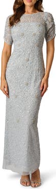 Adrianna Papell Ruched Sleeve Beaded Gown