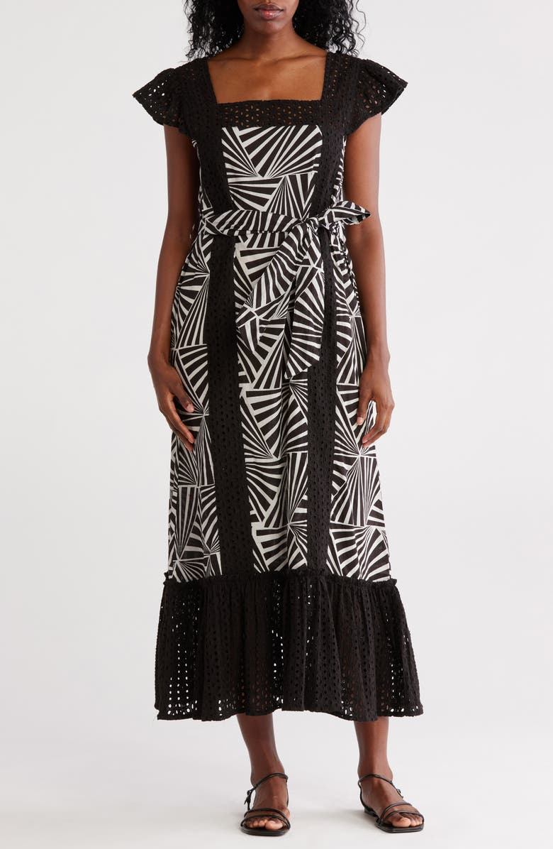 Maisie Embroidered Eyelet Cap Sleeve Cotton Midi Dress, Main, color, Black/ White