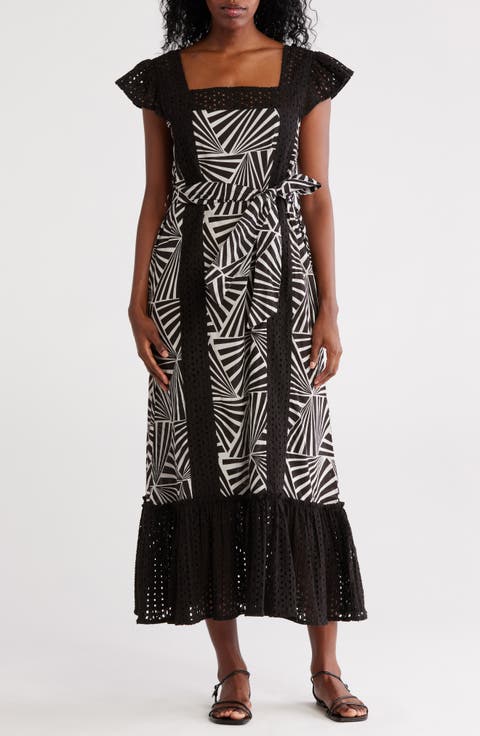 Embroidered Eyelet Cap Sleeve Cotton Midi Dress