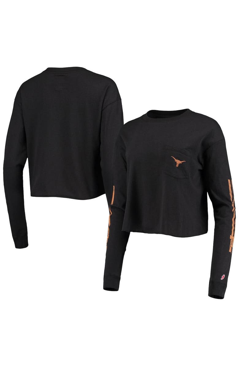 LEAGUE COLLEGIATE WEAR Women's League Collegiate Wear Black Texas Longhorns Clothesline Cotton Midi Crop Long Sleeve T-Shirt, Main, color, 