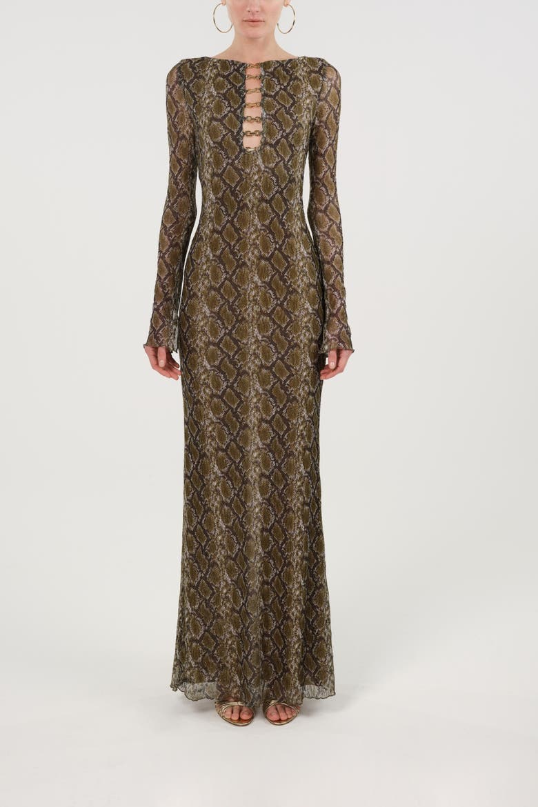 Snake Print Ring Detail Long Sleeve Maxi Dress, Main, color, Multi-Colored