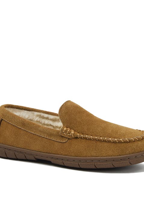Fuzzy Lined Suede Moccasin Slippers