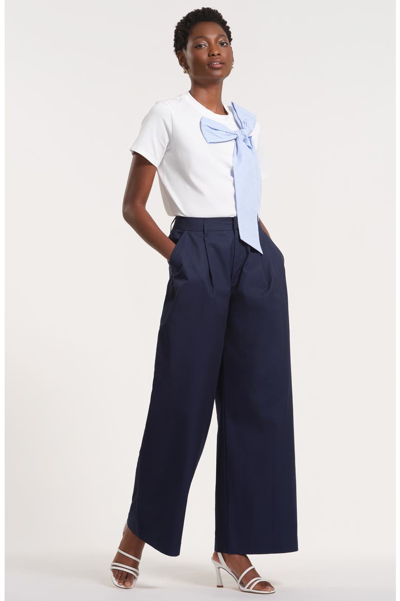 Pleated High Waist Cotton Wide Leg Pants, Alternate, color, NAVY