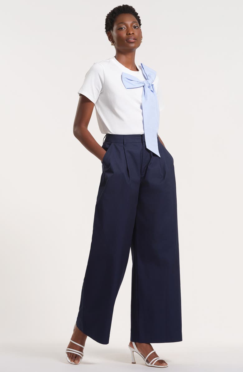 Isaac Mizrahi New York Pleated High Waist Cotton Wide Leg Pants, Alternate, color, Navy