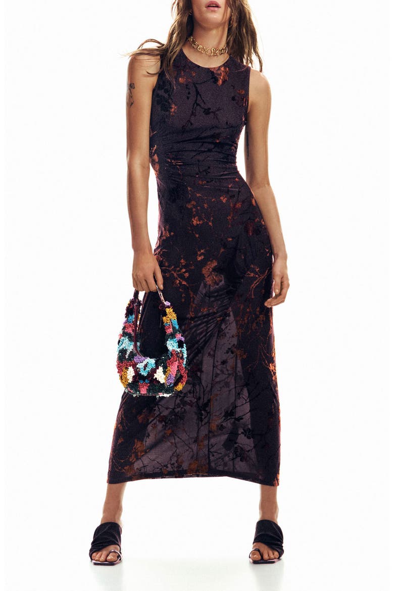 Floral Burnout Sleeveless Dress, Main, color, BROWN