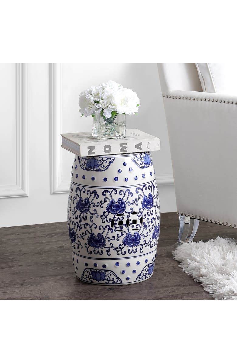 JONATHAN Y Lotus Flower 17.8" Chinoiserie Ceramic Drum Garden Stool, Alternate, color, Blue/White