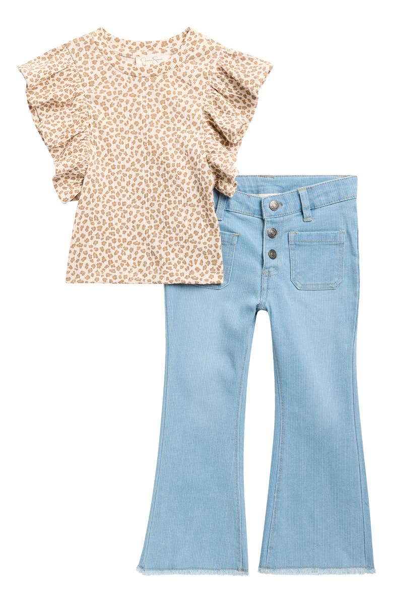 Jessica Simpson Stretch Rib T-Shirt & Flare Leg Jeans Set, Main, color, Leopard