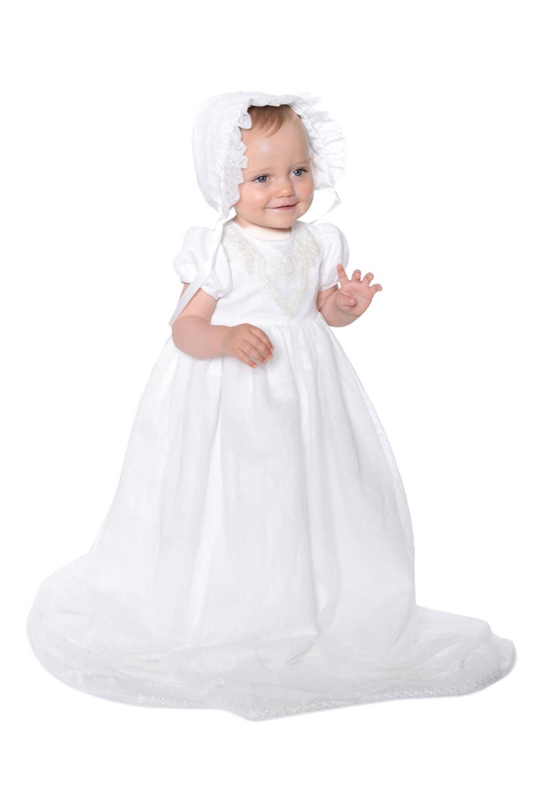 Point Desprit Embroidered Heart Christening Gown & Bonnet, Alternate, color, WHITE
