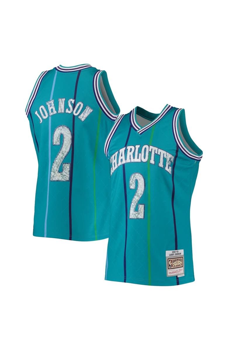 Mitchell & Ness Men's Mitchell & Ness Larry Johnson Teal Charlotte Hornets 1996/97 Hardwood Classics NBA 75th Anniversary Diamond Swingman Jersey, Alternate, color, 