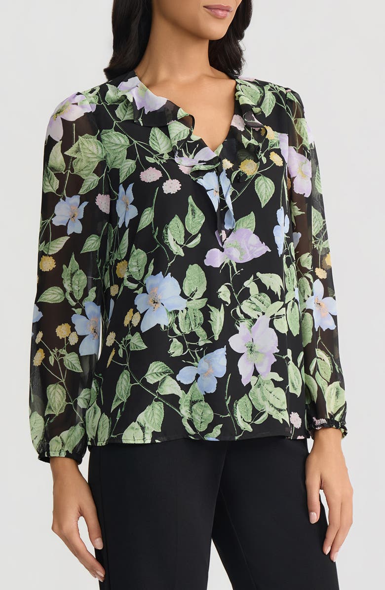 KASPER Floral Print Ruffle Shirt, Alternate, color, Black Multi