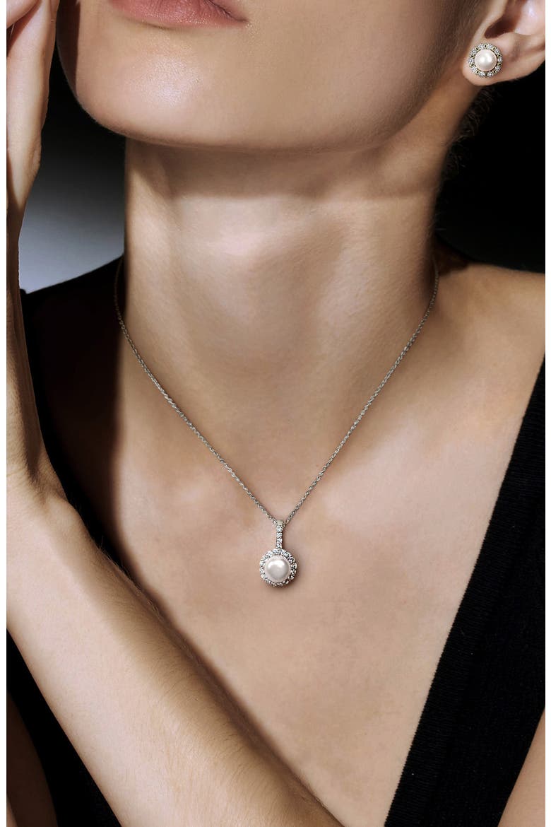 Cultured Pearl & Cubic Zirconia Halo Pendant Necklace & Stud Earrings Set, Alternate, color, SILVER