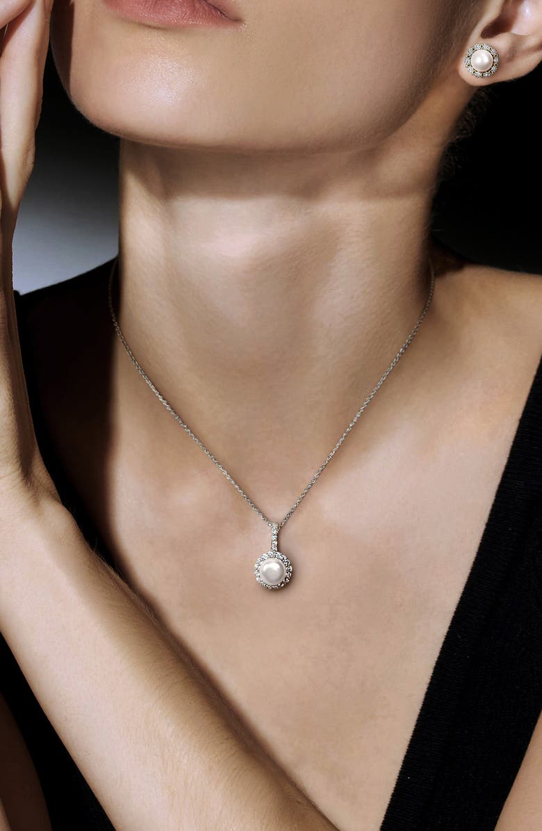 DELMAR Cultured Pearl & Cubic Zirconia Halo Pendant Necklace & Stud Earrings Set, Alternate, color, 