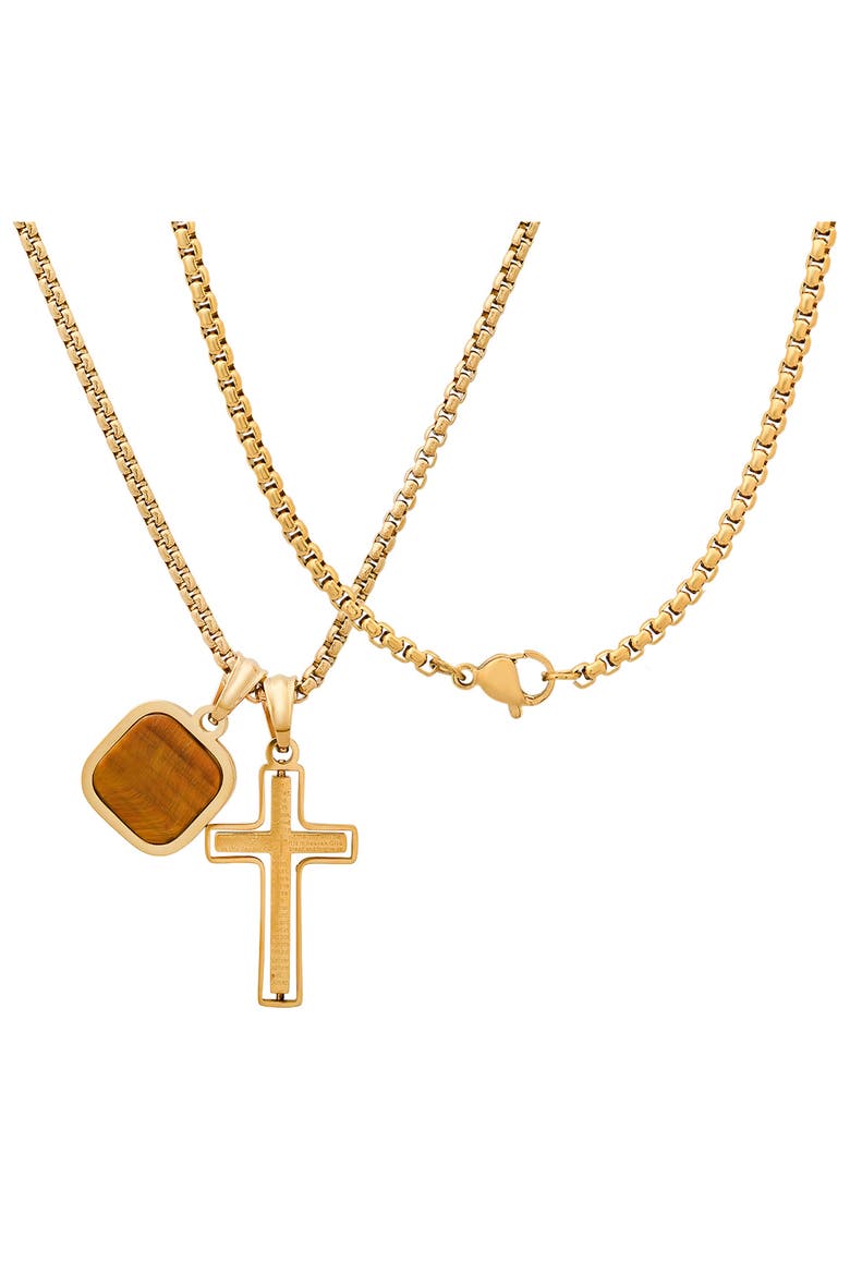 Men's Cross & Tiger's Eye Pendant Necklace, Alternate, color, GOLD MULTI