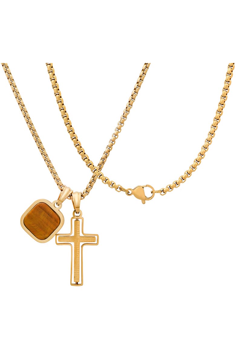 HMY JEWELRY Men's Cross & Tiger's Eye Pendant Necklace, Alternate, color, Gold Multi
