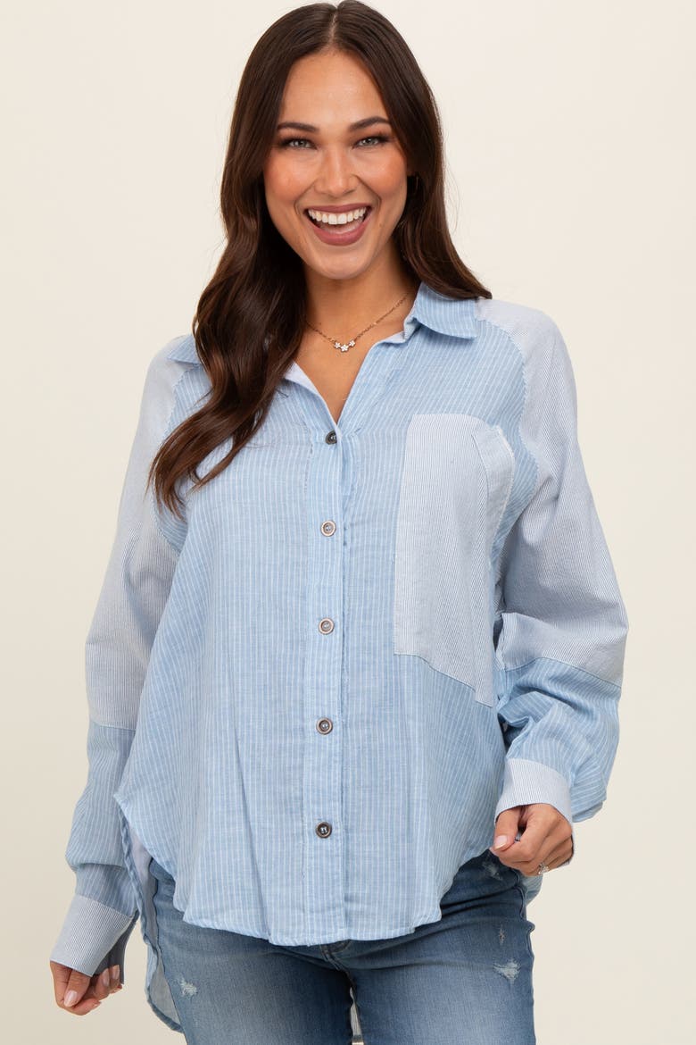 Blue Striped Colorblock Button Up Top, Main, color, Light Blue